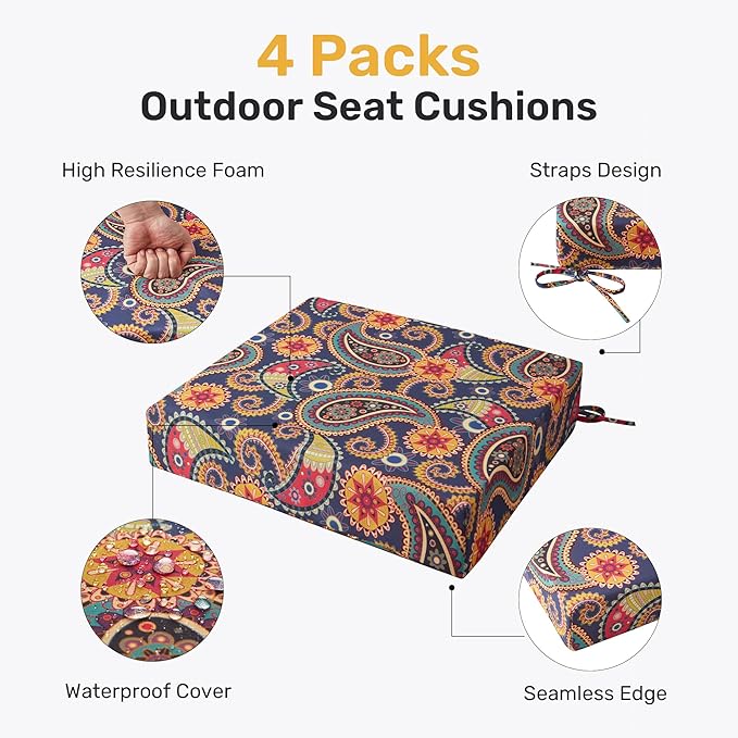 UNIKOME Outdoor Chair Cushions Pack of 4, Water Resistant Patio Cushions with Ties, High Density Sponge Filling Square Corner Seat Cushions for Outdoor Furniture, 19"*19"*3", Palmira Paisley