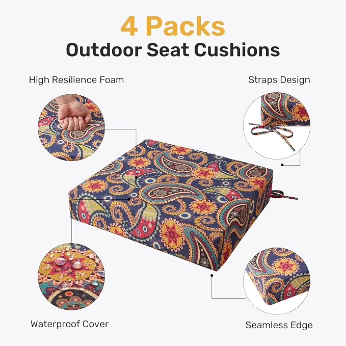 UNIKOME Outdoor Chair Cushions, Set of 4, 24"*24"*4", Palmira Paisley