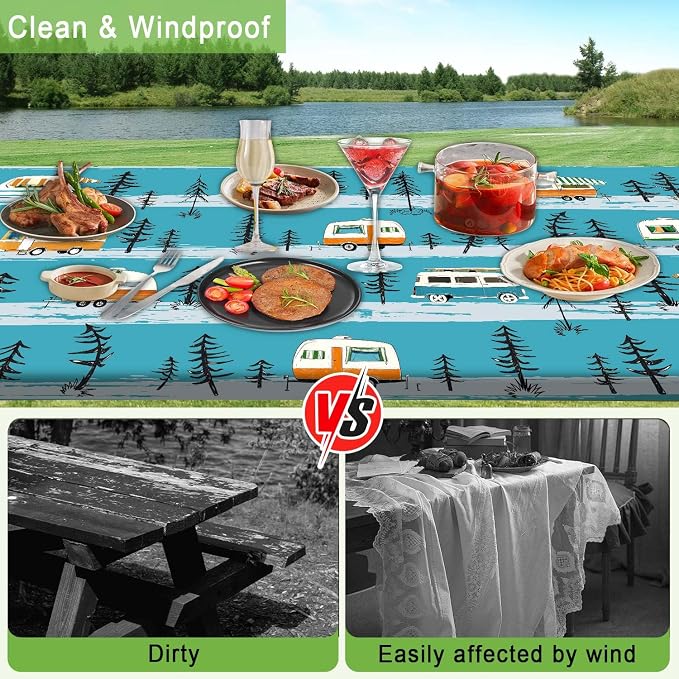 JAWO Picnic Table Cover with Bench Covers, Camper Camping RV Essentials Gear Supplies Outdoor Waterproof Windproof Tablecloth with Elastic, 96in