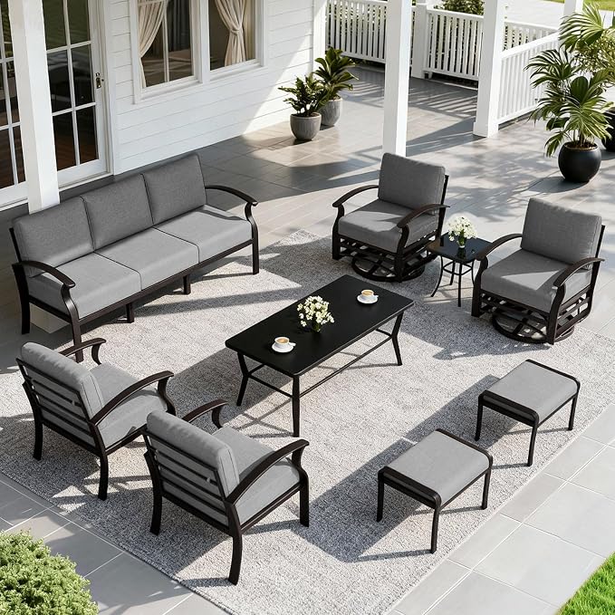 ALAULM Aluminum Patio Furniture Set with Coffee Table Rectangular, 9-seat Outdoor Sectional Furniture w/Swivel Chairs and 2 Ottomans, Patio Conversation Set for Porch, Backyard, Poolside-Grey