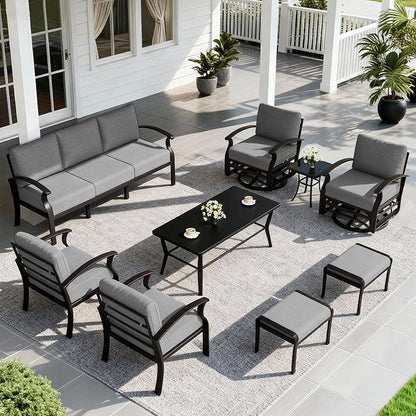 ALAULM Aluminum Patio Furniture Set with Coffee Table Rectangular, 9-seat Outdoor Sectional Furniture w/Swivel Chairs and 2 Ottomans, Patio Conversation Set for Porch, Backyard, Poolside-Grey