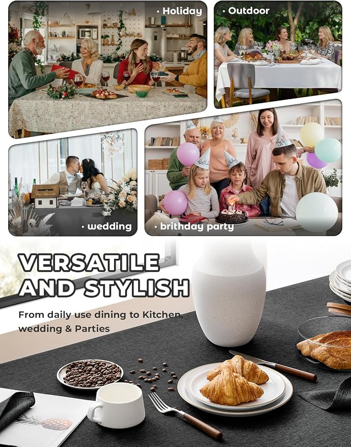 Decorelia Faux Linen Farmhouse Table Cloth 60"x104" for 6 ft Rectangle Table, Black Waterproof Outdoor Washable Cloth Tablecloth for Rectangular Dining Room Kitchen Outdoor Party Restaurant Decor