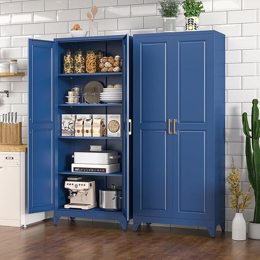 Polup Metal Storage Cabinet,75" Tall Kitchen Pantry Storage Cabinet with Doors and Adjustable Shelves, Blue Metal Pantry Cabinets, Large Cupboard for Kitchen, Dining Living Room, Bathroom, Office