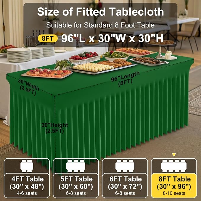 Smiry Spandex Elastic Fitted Table Cloth Skirt for 8FT Rectangle Table | Stretch Washable Table Cloth, Banquet Table Cover for Wedding, Party, Indoor & Trade Shows, (Emerald Green, 96Lx30Wx30H)