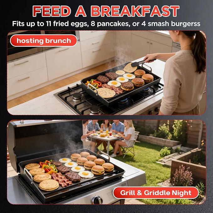 17”x13” Stove Top Griddle for Gas Grill – Cook on Flat Top Griddle & Grill | Grate Simultaneously, Nonstick Carbon Steel Griddle Universal Fit Plate for Outdoor BBQ, Tailgating, Eggs, Steaks & Burgers