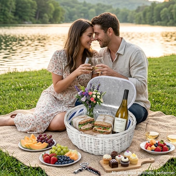 Wicker Picnic Basket 15"x11"x7" Insulated Liner Blue White Stars | Insulated Zip Liner Helps Keep Drinks and Snacks Cool, Sturdy Woven Basket Suits Parks, Camping, Holidays and Gift Giving