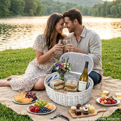 Wicker Picnic Basket 15"x11"x7" Insulated Liner Blue White Stars | Insulated Zip Liner Helps Keep Drinks and Snacks Cool, Sturdy Woven Basket Suits Parks, Camping, Holidays and Gift Giving
