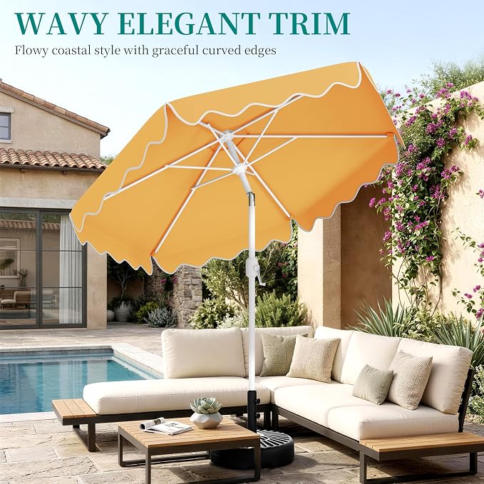 AreShark 7.5FT Outdoor Patio Umbrella with Wavy Trim (Mustard Yellow) | Market Table Umbrellas w/ 6 Sturdy Ribs, Crank & Tilt, White Pole, Pool Umbrella with UV-Fade Resistant Fabric, Heavy Frame