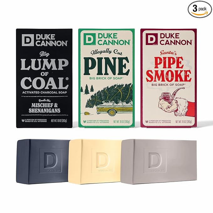 Duke Cannon Supply Co. Big Brick of Soap Bar For Men - Lump of Coal, Illegally Cut Pine & Peppermint Bark, Holiday Variety 3 Pack, 10 oz. Bar Soaps