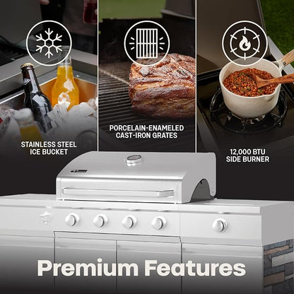 Tytus Fresno 66" 5-Burner Propane or Nat Gas Island Grill, 60K Total BTUs | Pre-assembled for fast install, 864 sq inch cooking area with Side Burner, Storage, Ice Bucket - Stainless Steel / Ash Island