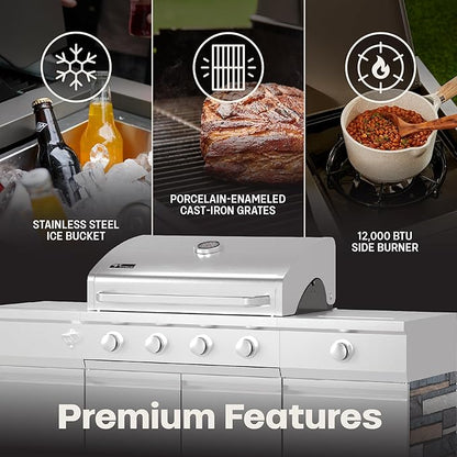 Tytus Fresno 5-Burner Propane or Natural Gas Island Grill – 864 sq. in. Cooking, 48,000 BTU Main + 12,000 BTU Side Burner, Porcelain Grates, Storage Cabinets, Semi-Portable - SS/Ash Stone Starter Kit