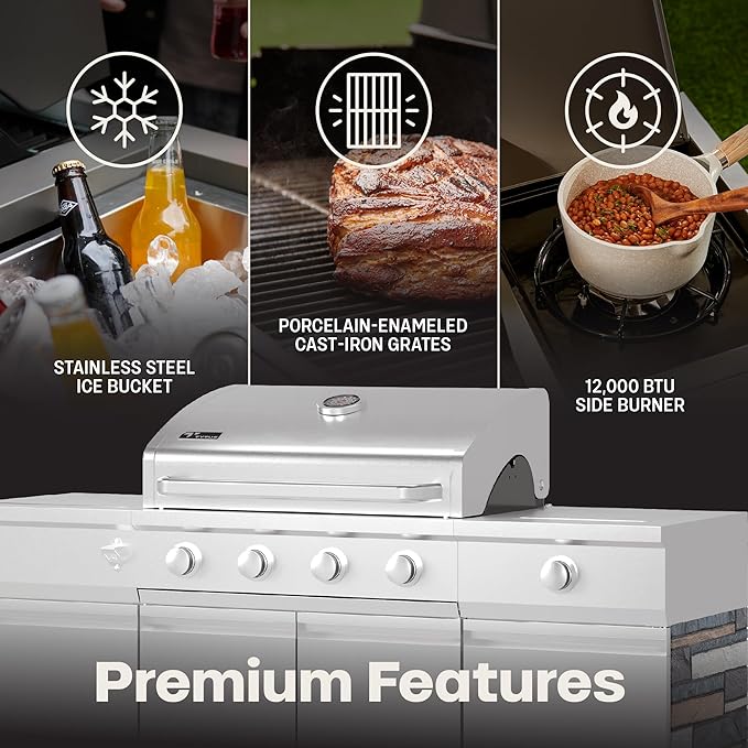 Tytus Fresno 5-Burner Propane or Natural Gas Island Grill – 864 sq. in. Cooking, 48,000 BTU Main + 12,000 BTU Side Burner, Porcelain Grates, Storage Cabinets, Semi-Portable - SS/Carbon Wood Deluxe Kit