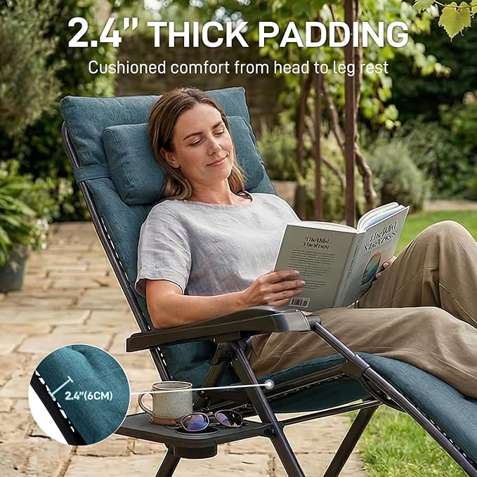 EVER ADVANCED Aluminum Zero Gravity Chair Oversized, Thick Padded Reclining Lounge Chair with Adjustable Headrest & Side Table, Heavy Duty Support 350 lbs, Foldable for Outdoor & Indoor, Green-2 Pack