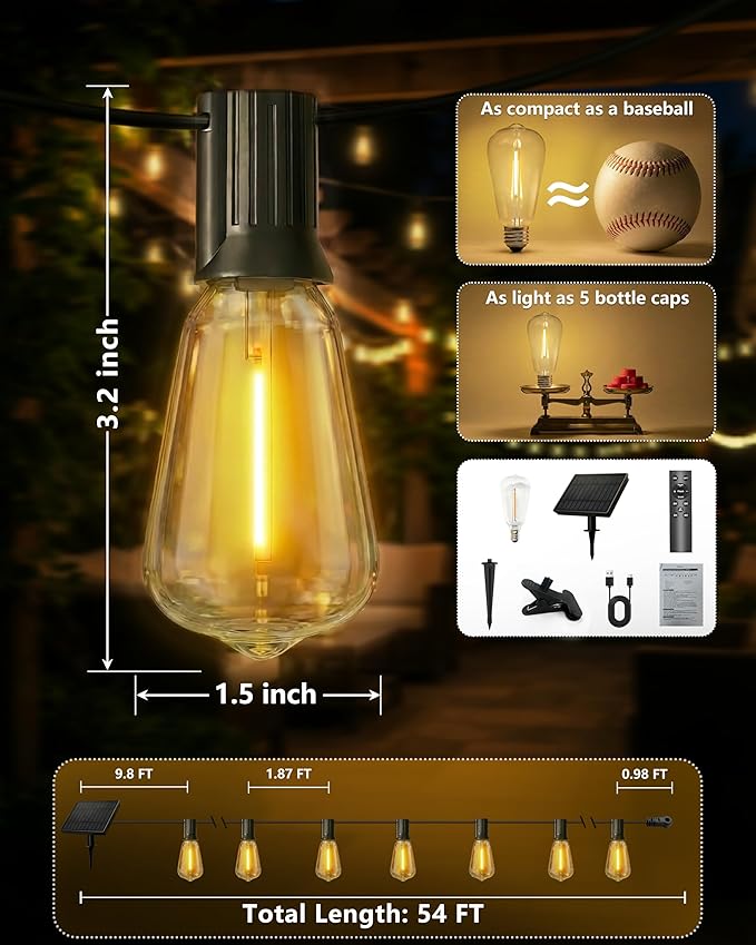 Solar String Lights Outdoor, 54FT(24+1) Patio Lights Waterproof with Remote & USB Port, Dimmable & Timer & 3 Light Modes, ST38 LED Solar Lights for Camping, Backyard, Deck, Garden (2700K)