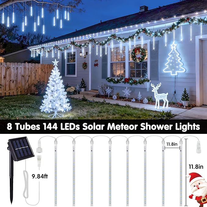 JMEXSUSS Solar Lights Outdoor, 8 Tube 144 LEDs Solar Meteor Shower Lights Outdoor, White Christmas Light for Tree Wedding Xmas Holiday Party Patio Gazebo Decor