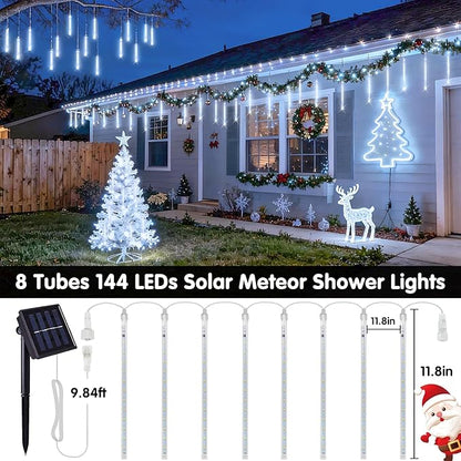JMEXSUSS Solar Lights Outdoor, 8 Tube 144 LEDs Solar Meteor Shower Lights Outdoor, White Christmas Light for Tree Wedding Xmas Holiday Party Patio Gazebo Decor