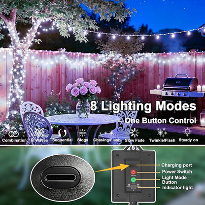 KNONEW 203FT 600LED Solar Fairy String Lights Outdoor Cool White 8 Modes | 8 Modes IP44 Waterproof Copper Wire Extra Long for Garden Patio Yard Christmas Wedding Party Indoor Outdoor
