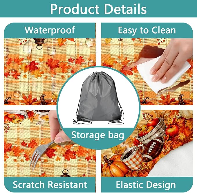 Fall Picnic Table Cover with Bench Covers with Drawstring Bag, Camping Essentials Autumn Maple Leaf Pumpkin Waterproof Oilproof Camping Tablecloth, Fitted Rectangle Tables and Seats, 3PCS, 30x72 Inch