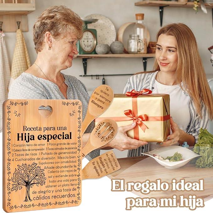 Regalos de cumpleaños para Hija - "Receta para una Hija especial". Juego de tablas de cortar y utensilios de bambú grabados. Regalos de cumpleaños para Hija. Spanish Daughter Cutting Board
