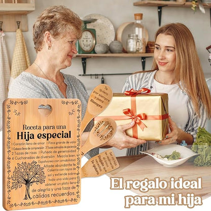 Regalos de cumpleaños para Hija - "Receta para una Hija especial". Juego de tablas de cortar y utensilios de bambú grabados. Regalos de cumpleaños para Hija. Spanish Daughter Cutting Board