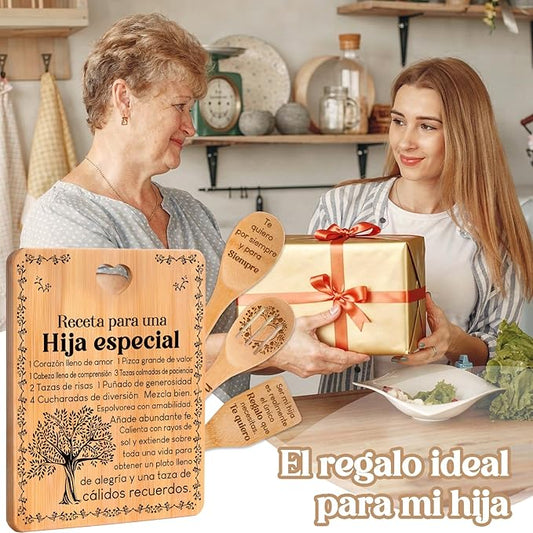 Regalos de cumpleaños para Hija - "Receta para una Hija especial". Juego de tablas de cortar y utensilios de bambú grabados. Regalos de cumpleaños para Hija. Spanish Daughter Cutting Board