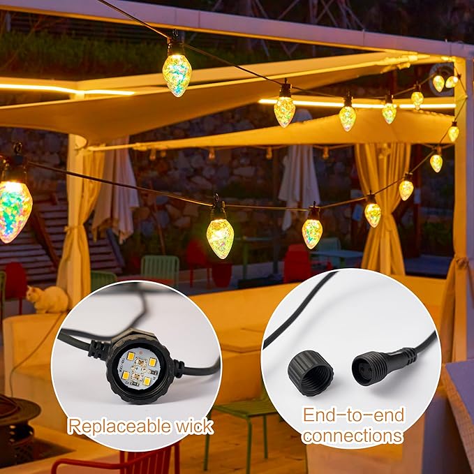 Outdoor String Lights, 100FT 42 LED Iridescent Holographic Bulbs, Waterproof Patio Lights with Remote Control, Shatterproof Connectable Lights for Backyard, Porch, Garden, and Party