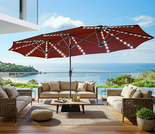 SUPERJARE 13ft Outdoor Patio Umbrella with Solar Lights, Double-sided Deck Pool Umbrella with 1.5 Inch Pole, Fade Resistant Canopy, 12 Sturdy Ribs, for Porch, Market, Backyard, Burgundy(No Base)