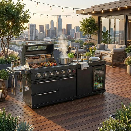84" Modular Outdoor Kitchen Island, 4-Burner 75,300 BTU BBQ Island with Side Burner, Integrated Sink & Refrigerator, Side Prep Shelf, NG Conversion Kit, for Backyard and Patio Cooking, Black