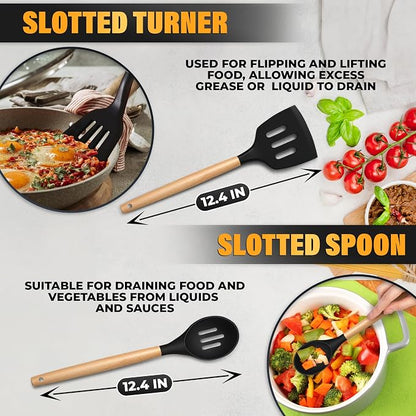 14 Pcs Black Kitchen Utensils Set with Holder for Nonstick Cookware | Silicone Cooking Utensils Set for BBQ; Heat-Resistant Tools with Wooden Handles for Baking, Serving, Frying, and Mixing