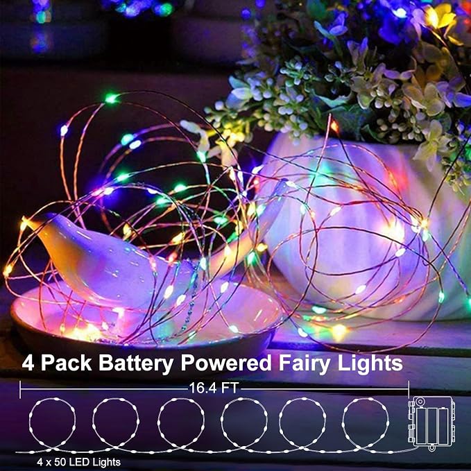 4 Pack Battery Fairy Lights 16.4 Ft 50 LED Christmas Timer Fairy Light | Waterproof Silver Wire Battery Twinkle Lights with Auto Timer 8 Modes for Xmas Wreath Decor, Multicolor