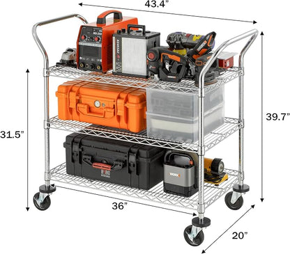 Finnhomy 3-Tier Commercial Grade Rolling Cart, Heavy Duty Utility Cart with Wheels and Handles, Metal Kitchen Carts on Wheels with 500 lbs Capacity, Shelf Size 20" D x 36" W, NSF