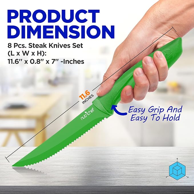 NutriChef Steak Knife Set of 8 - Premium Serrated Stainless Steel Kitchen Knife Set - Ergonomic Design, Sharp Blades, Non-Stick, & Rust-Resistant - Perfect for Home, BBQ's & Restaurants Green