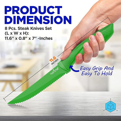 NutriChef Steak Knife Set of 8 - Premium Serrated Stainless Steel Kitchen Knife Set - Ergonomic Design, Sharp Blades, Non-Stick, & Rust-Resistant - Perfect for Home, BBQ's & Restaurants Green
