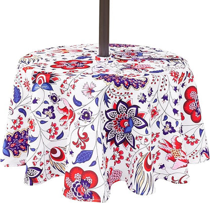 SquarePie 60'' Round Outdoor Tablecloth with Umbrella Hole and Zipper, Water Resistant SpillProof Patio Table Cloth for Spring Summer Camping Garden Poolside Picnic BBQS, Gorgeous Flowers