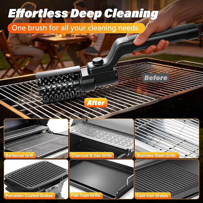 Electric Grill Brush for Outdoor Grill - Cordless Rechargeable Grill Cleaner with 180-Min Runtime, 3 Speeds, 545°F Heat Resistant, 180° Adjustable Angle, 2-in-1 Heavy-Duty BBQ Cleaning Kit