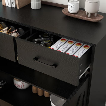 Panana Sideboard 2 Drawers 2 Doors Entryway Storage Cabinet Living Room Organizer Farmhouse Style Wooden Kitchen Cupboard (Black)