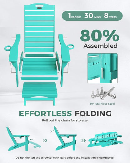 Folding Adirondack Chairs Set of 2,Adirondack Chair with Retractable Ottoman,Plastic Adirondack Chairs with 2 Cup Holder,Weather Resistant Patio Chair,Outdoor Chairs Set of 2(Lake Blue)