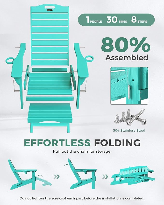 Folding Adirondack Chair with Retractable Ottoman Weather Resistant Fire Pit Chair Patio Chair with 2 Cup Holder Lawn Outdoor Lounge Chair (Lake Blue)