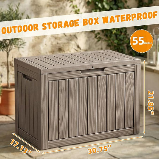 ROJIK Outdoor Storage Box, 55 Gallon Waterproof Deck Box, Weatherproof Resin Outside Storage Bin for Patio Furniture, Garden Tools, Pool Accessories, Cushion, Grey