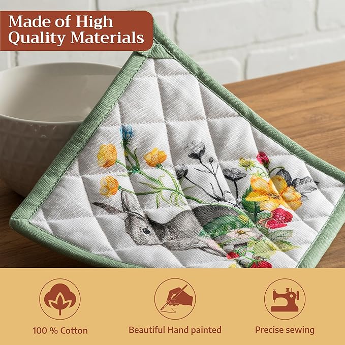 Maison d' Hermine Pot Holders 100% Cotton Heat Resistant Potholders 8" x 8" Hot Pads with Loop BBQ Cooking Baking Hotel Farmhouse Kitchen Handling Hot Pans Spring Summer (Pack of 1, Printemps)