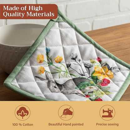 Maison d' Hermine Pot Holders 100% Cotton Heat Resistant Potholders 8" x 8" Hot Pads with Loop BBQ Cooking Baking Hotel Farmhouse Kitchen Handling Hot Pans Spring Summer (Pack of 1, Printemps)