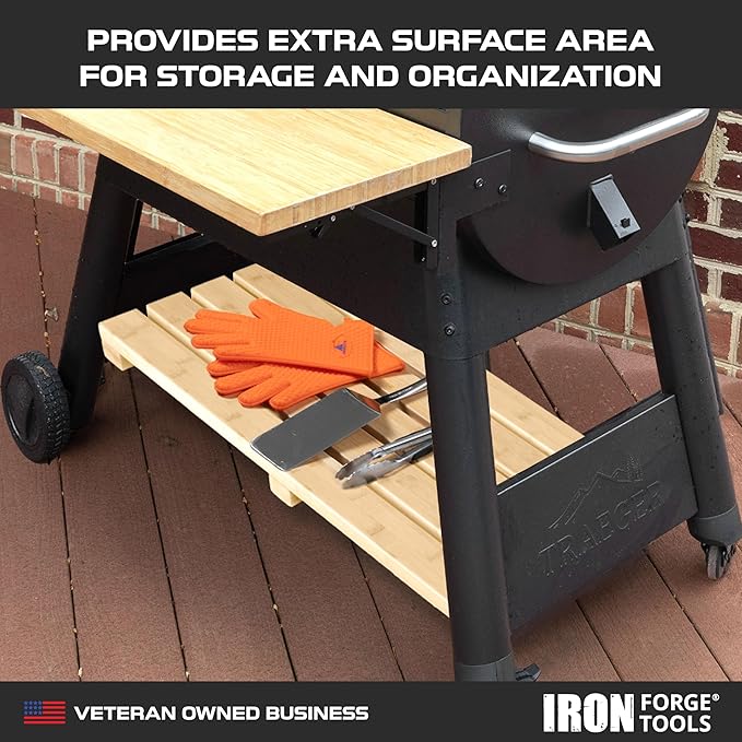 Iron Forge Tools Pellet Grill Storage Shelf - Compatible with Traeger Pro 22 and Traeger Pro 575 Accessories - Real Wood Bamboo Slat Shelf for Smoker Pellet Storage Grill Bin Accessories