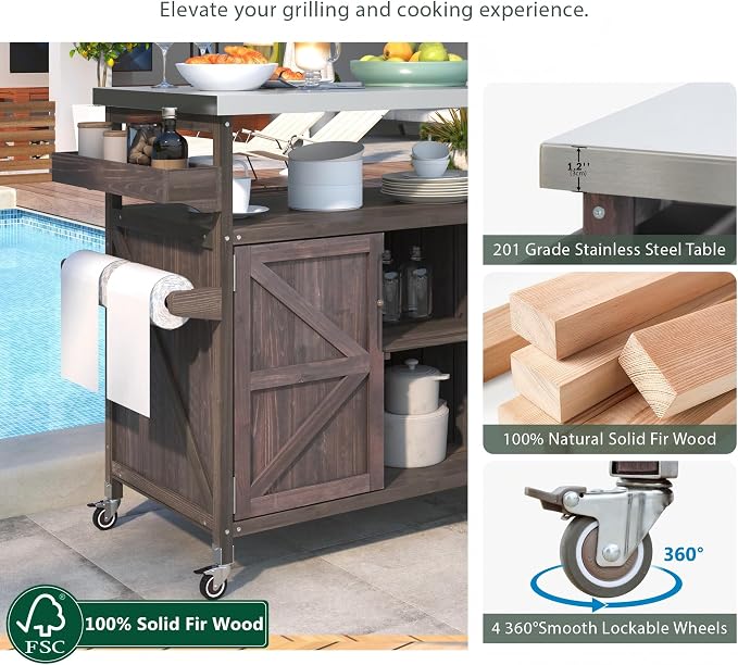 MEETFFAV 50.25" W Grill Cart with Stainless Steel Tabletop, Brown F | Fir Wood Bar Patio Kitchen Island with Ample Storage and Lockable Wheels, Outdoor Storage Cabinet for BBQ Grill