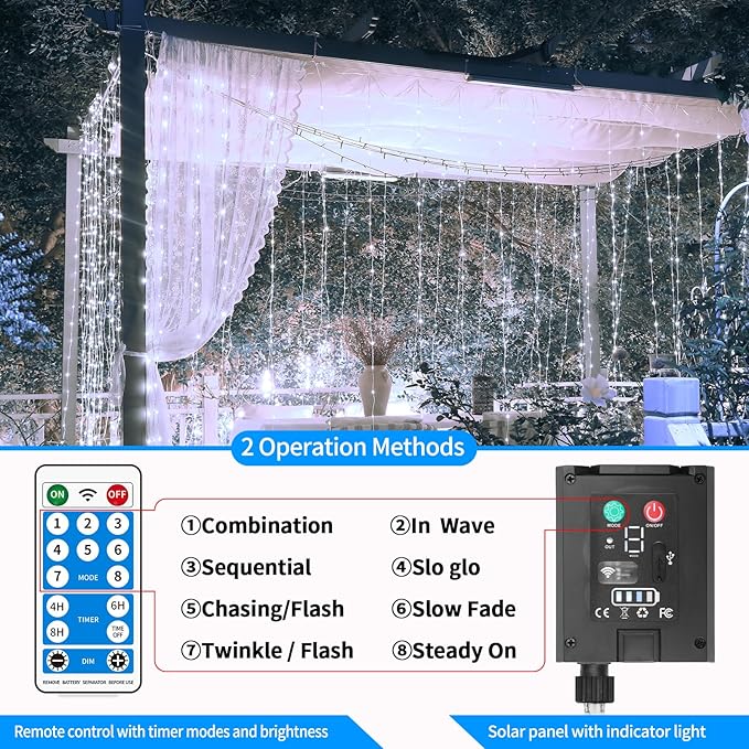 Solar Curtain Lights 10*10Ft 300LED Waterproof Waterfall Light with 8 Modes Remote Type C Charging Dimmable Timer Twinkle Fairy String Lights for Outdoor Christmas Gazebo Wedding Party Pergola Patio