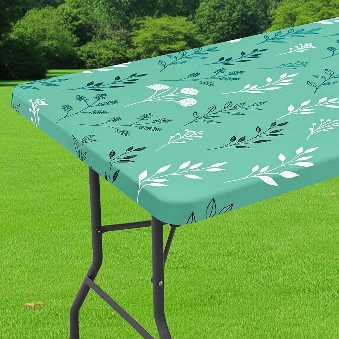 Smiry Spandex Fitted Tablecloth for 4 Foot Rectangle Tables, Washable Picnic Table Cover with Elastic, Stretch Reusable Table Cloth for Outdoor, Camping, Dining & Kitchen (Sage Green Leaf, 24"x48")