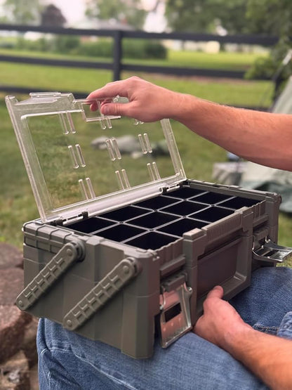 18" Cantilever Tool Box Organizer, Olive Green Heavy-Duty Tool Storage Box | 18 Removable Compartments, Metal Latches, Metal Carry Handle, Clear Lid & Two-Layer Full-Access Design