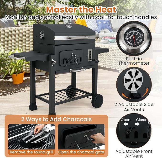 Barrel Charcoal Grill with Side Tables, 544 sq.in Cooking Space, Portable Camping Grill w/Wheels, Charcoal Tray, Pull-out Ash Tray, Thermometer, Outdoor BBQ Grill for Patio, Backyard, Party