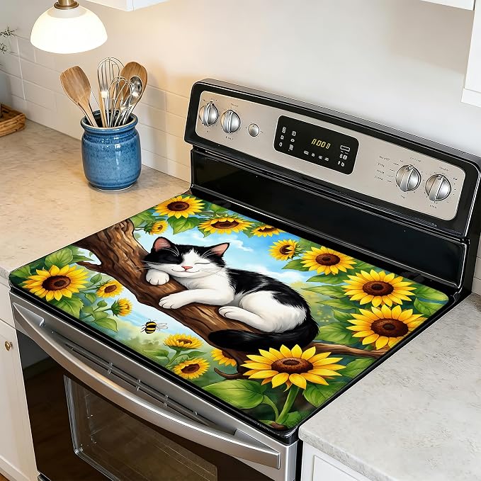 Stove Top Covers for Electric Stove,Sleeping Cat Flat Top Stove Cover,Sunflowers Heat Resistant Glass Top Stove Cover Protector Anti-Slip Range Covers, 28 x 20 Inch