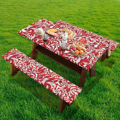 Xmas Elastic Fitted Table Cloth for Camping Party Supplies 3 PCS Set Christmas Swirl Candy Outdoor Picnic Table Cover with Bench Covers