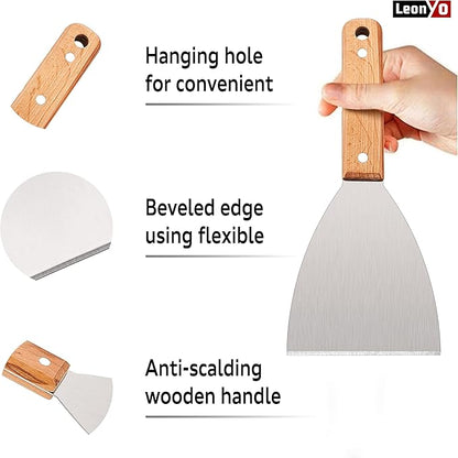 Leonyo Grill Griddle Scraper Set of 2, Stainless Steel Metal Flat Top Grill Scraper Tool for Dough Pancake Pizza Home Baking Cooking Teppanyaki BBQ, Wooden Handle